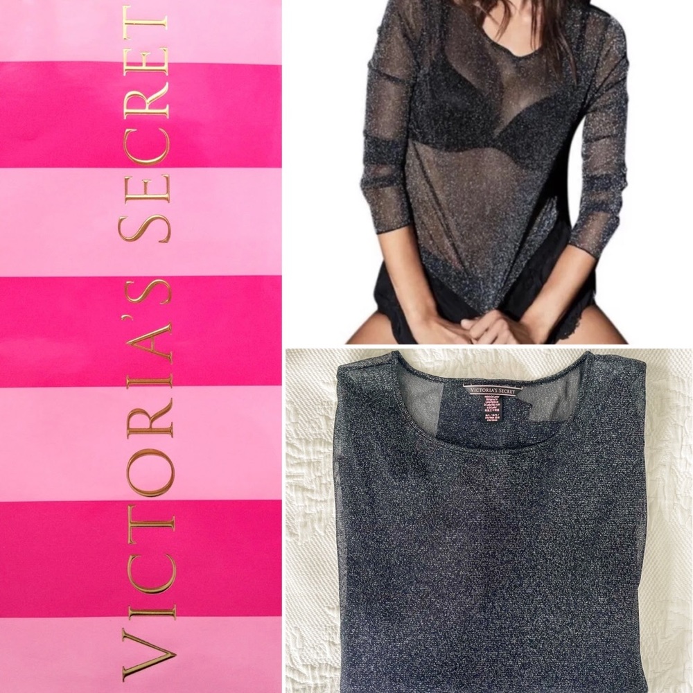 Victoria’s Secret Sheer Shimmer Metallic Long Sleeve Black Silver Top Size M/L